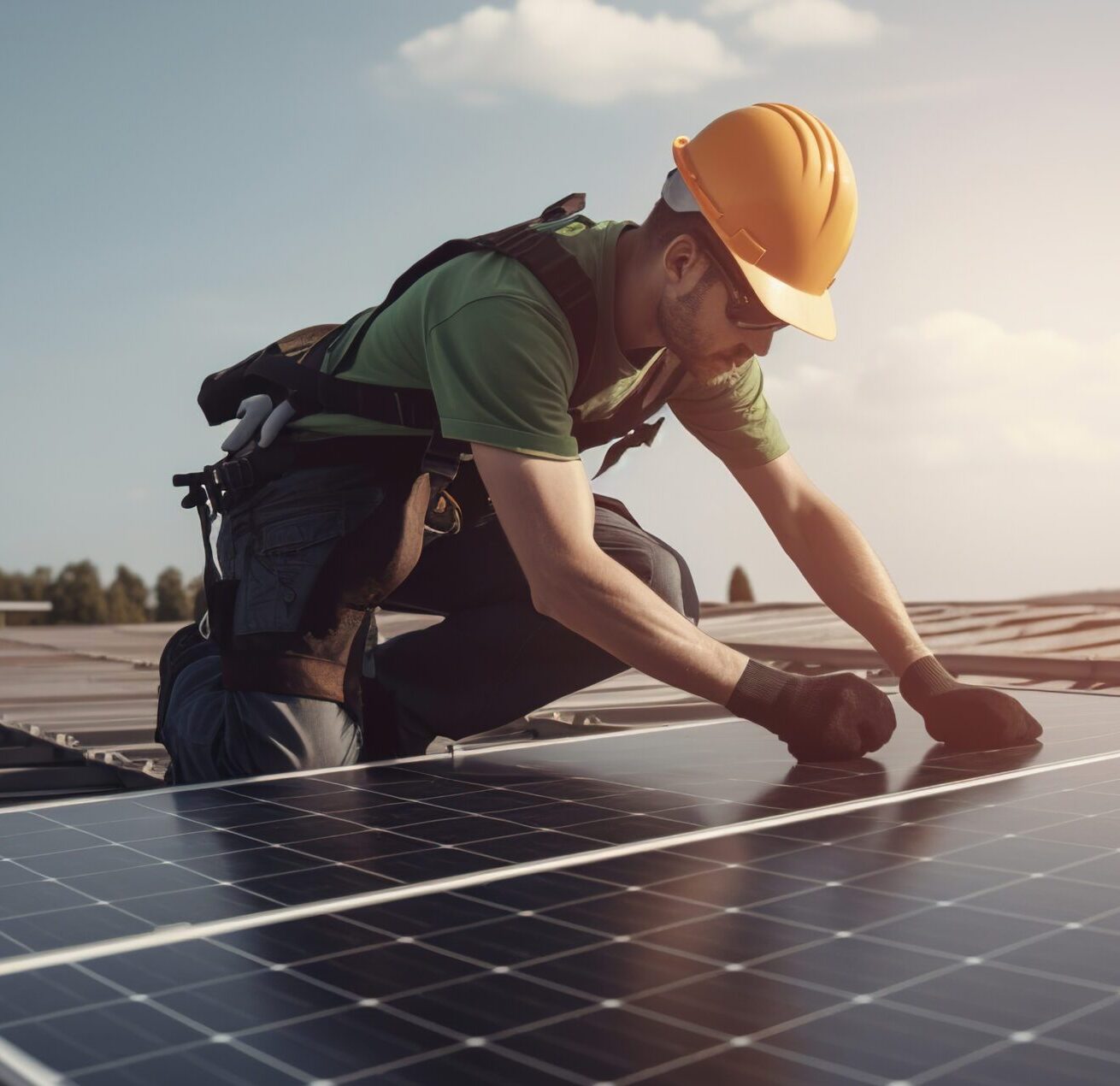 Solar power engineer installing solar panels, on the roof, electrical technician at work, alternative renewable green energy generation concept Solar power engineer installing solar panels
