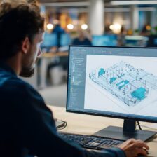 Mechanical engineer working on a 3D CAD model on a computer in a high-tech office. Concept : Engineering design, computer-aided design (CAD), technology, innovation, product development.