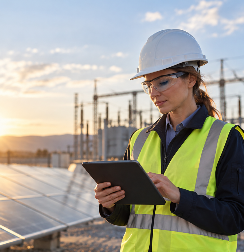 Renewable Engineer engineer working next to solar panels